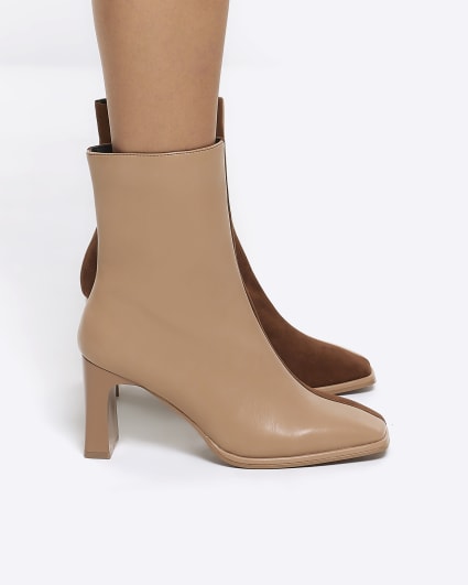 Beige two tone square toe heeled ankle boots