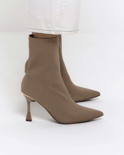 Beige knitted heeled ankle boots