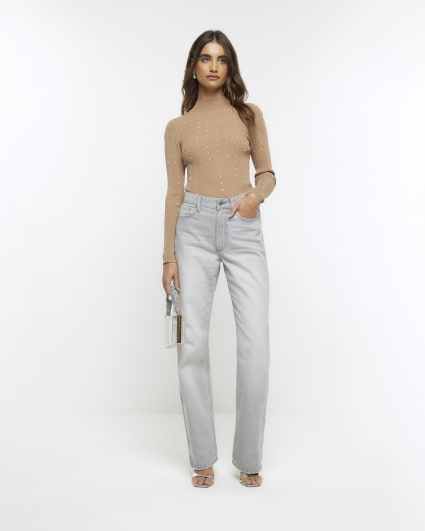 Beige diamante long sleeve top
