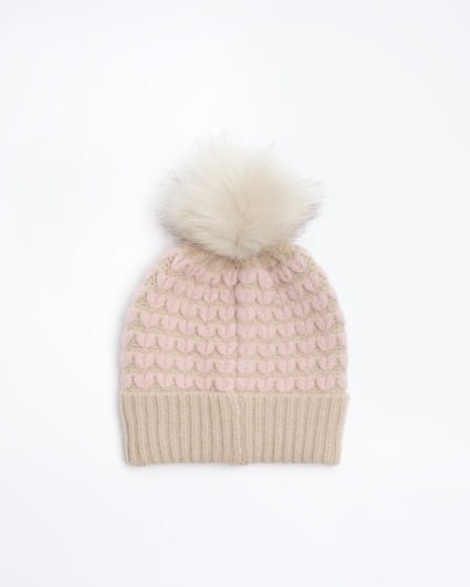 Pink heart stitch beanie hat