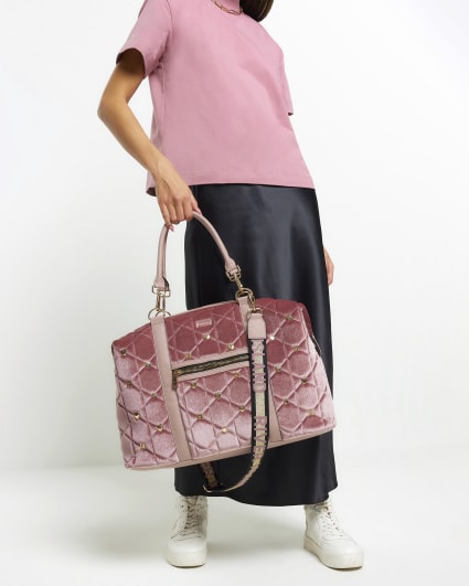Pink velvet quilted travel bag