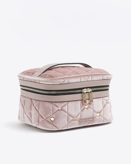 Pink velvet quilted makeup bag