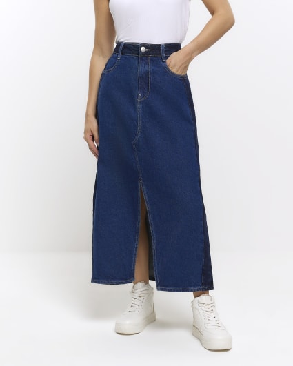 Petite blue patchwork denim maxi skirt