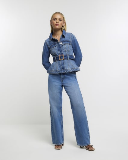 Petite blue belted denim jacket