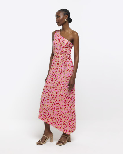 Pink one shoulder plisse maxi dress