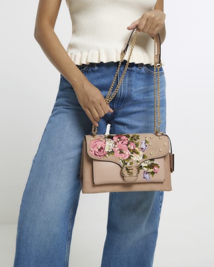 Pink floral embroidered shoulder bag