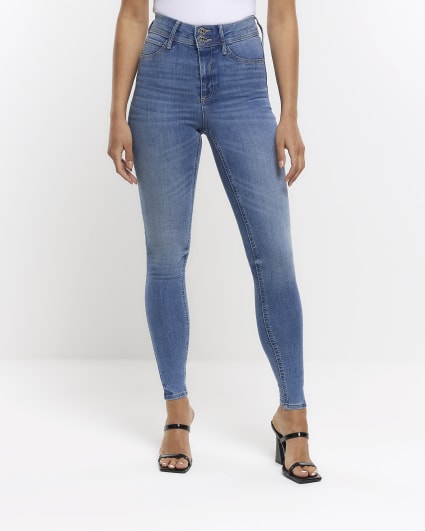 Blue mid rise super skinny fit jeans