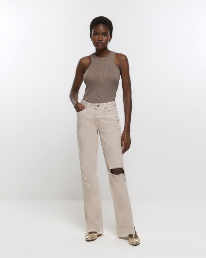 Taupe ribbed button up vest top