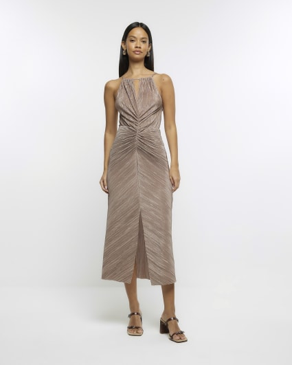 Pink plisse ruched slip midi dress