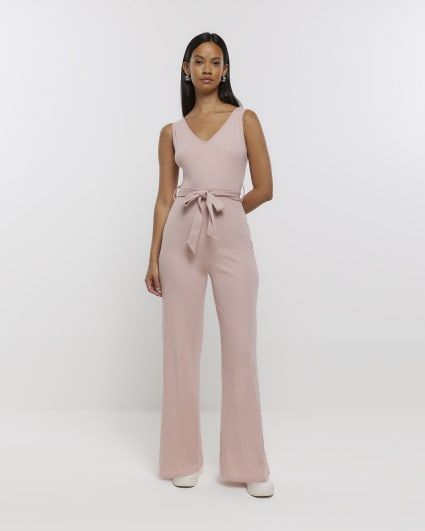 Pink belted wide leg jumpsuit