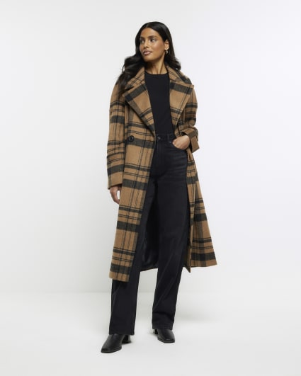Brown wool blend check longline coat