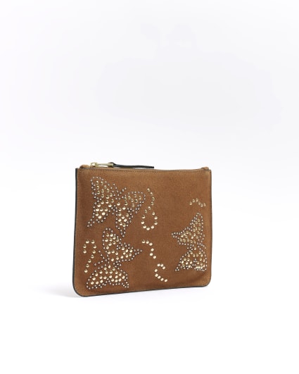 Brown suede studded butterfly pouchette