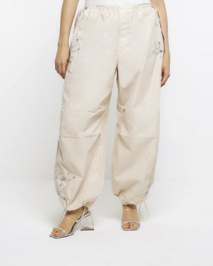 Plus beige embroidered cargo trousers