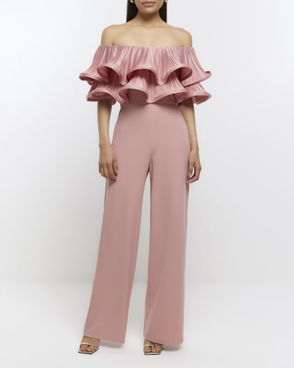 Pink ruffle bardot jumpsuit