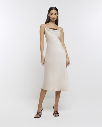 Cream satin cowl neck slip midi dress