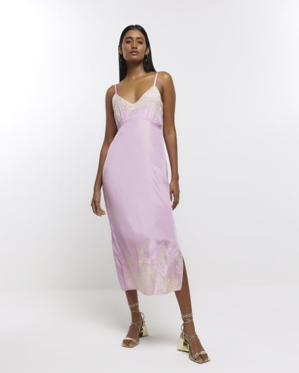 Pink lace slip midi dress
