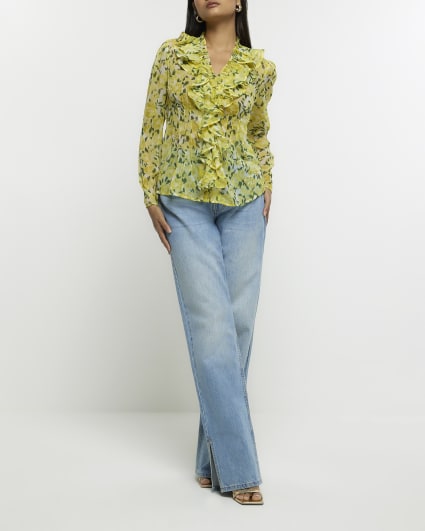 Yellow floral embellished ruffle blouse