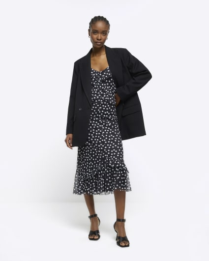 Black mesh spot frill midi dress