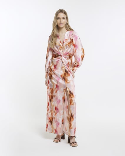 Pink marble print twist front midi dress