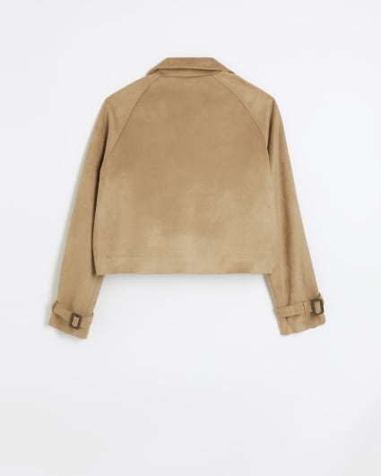 Brown faux suede crop trench jacket