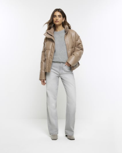 Brown faux leather padded jacket