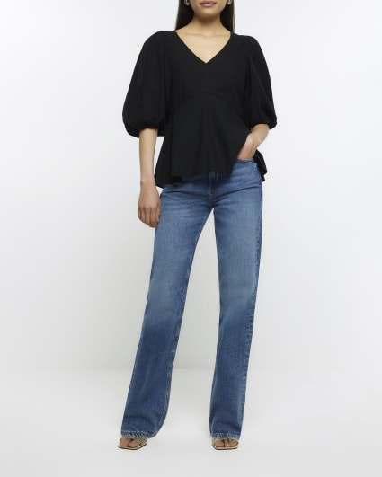 Black puff sleeve top with linen