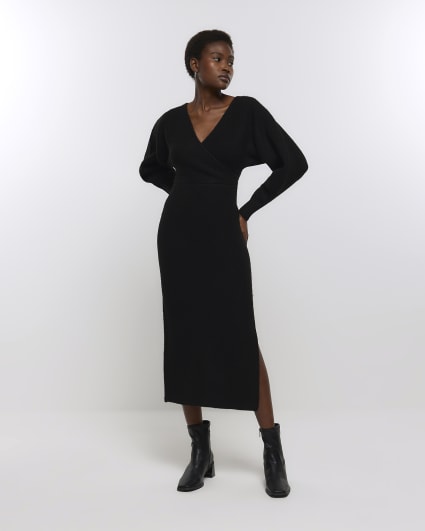 Black knitted wrap jumper midi dress