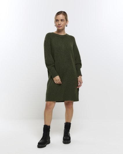 Petite khaki long sleeve jumper mini dress