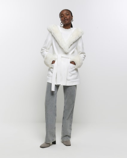 Cream faux fur belted coat
