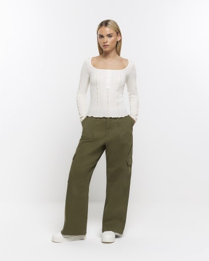 Petite beige ribbed long sleeve top