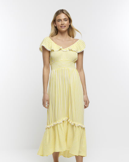 Yellow stripe frill midi dress