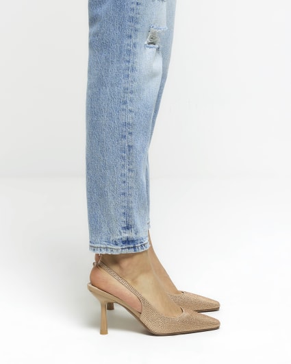 Beige diamante heeled court shoes