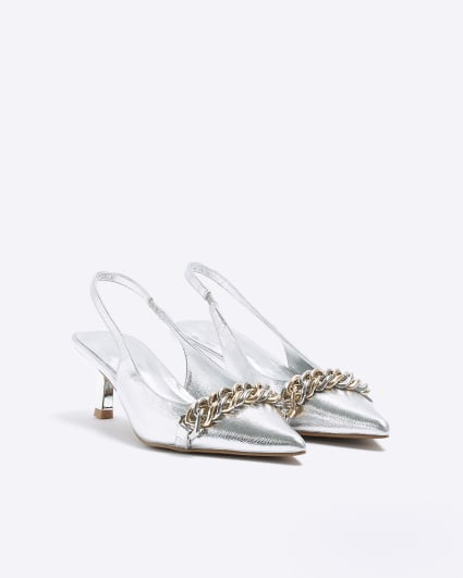 Silver chain sling back heeled court shoes