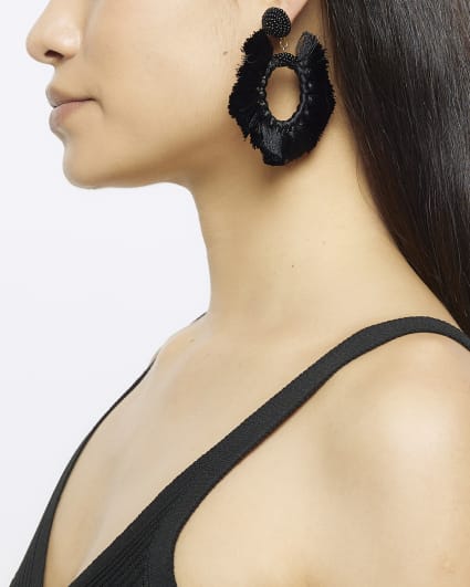 Black tassel hoop earrings