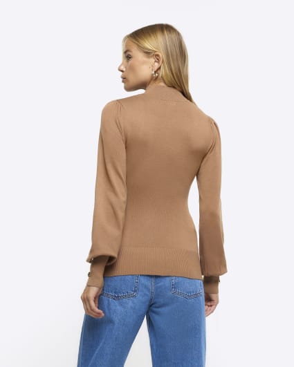 Brown Rib Mix Roll Neck Top