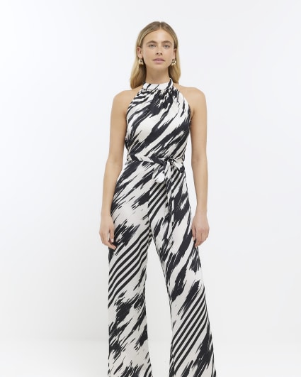 Black stripe halter neck jumpsuit