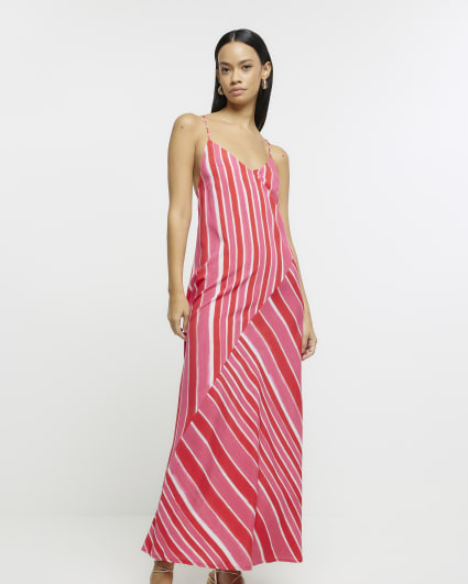 Pink stripe print slip maxi dress