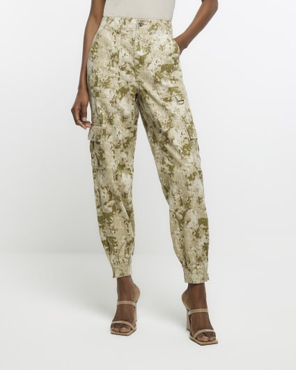 Khaki camo print cargo trousers