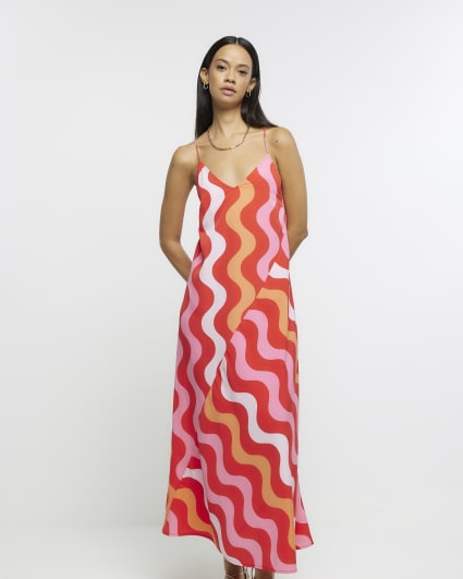 Red geometric print slip maxi dress