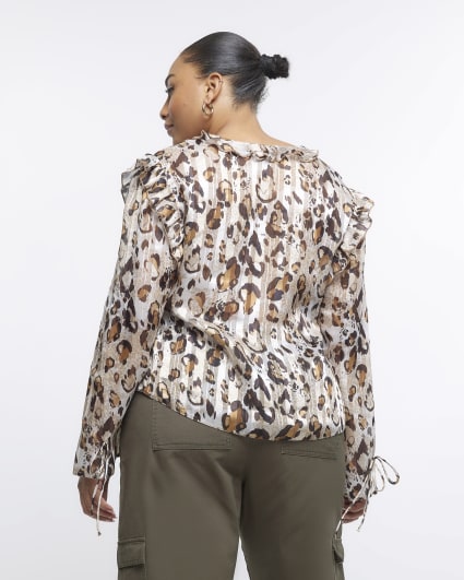 Plus beige animal print long sleeve blouse