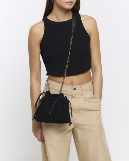 Black suede drawstring cross body bag