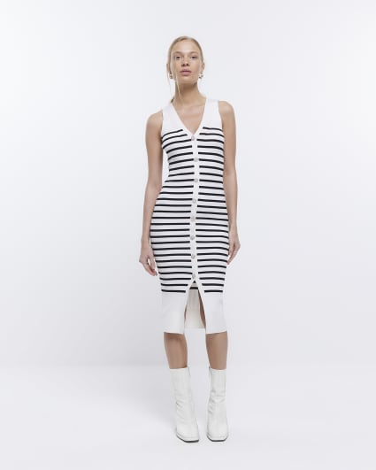 Petite cream stripe bodycon midi dress