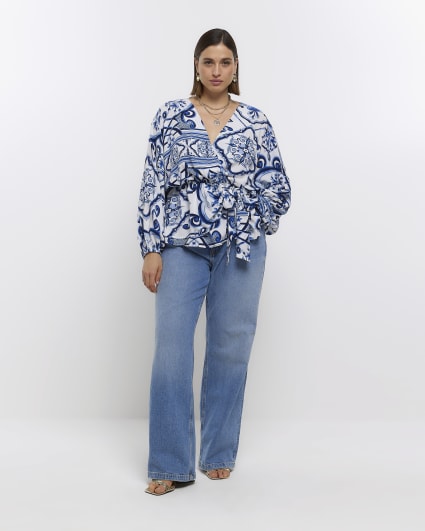 Plus blue paisley print wrap blouse