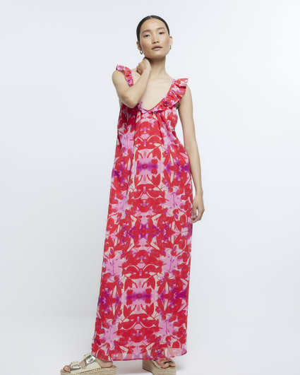 Red floral slip maxi dress