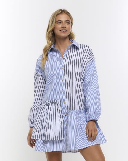 Blue stripe asymmetric mini shirt dress