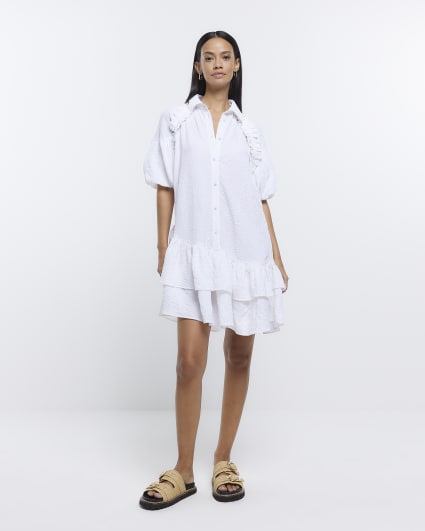 White frill smock mini shirt dress