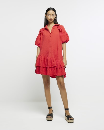 Red asymmetric smock mini shirt dress