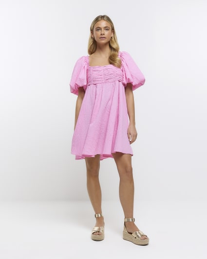 Pink puff sleeve smock dress