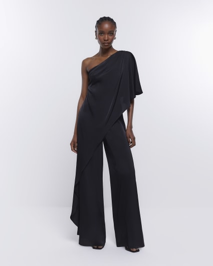 Black Bridesmaid Drape Shoulder Jumpsuit