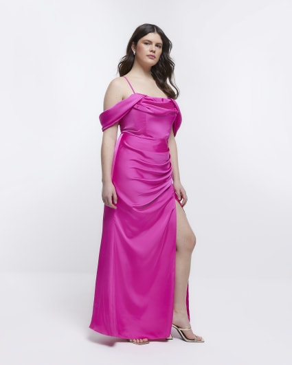 Pink Bridesmaid Bardot Maxi Dress